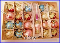 Vintage 21pc Miniature Christmas tree glitter glass Ornaments Topper Czech Box