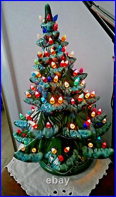 Vintage 2pc. Lighted Green Flocked Ceramic Christmas Tree 19