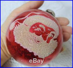 Vintage 50's BUD Christmas Tree Glass Large Red Balll Santa Face Ornament Huge