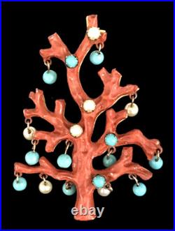 Vintage 50's Italy Christmas Tree Branch Coral Faux Turquoise Pearl Balls Brooch