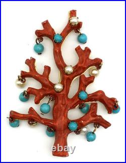 Vintage 50's Italy Christmas Tree Branch Coral Faux Turquoise Pearl Balls Brooch Vintage 50's Italy Christmas Tree Branch Coral Faux Turquoise Pearl Balls Brooch