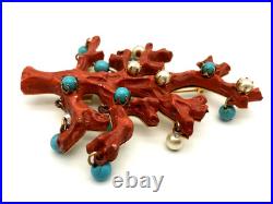 Vintage 50's Italy Christmas Tree Branch Coral Faux Turquoise Pearl Balls Brooch Vintage 50's Italy Christmas Tree Branch Coral Faux Turquoise Pearl Balls Brooch
