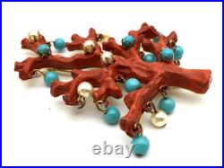 Vintage 50's Italy Christmas Tree Branch Coral Faux Turquoise Pearl Balls Brooch Vintage 50's Italy Christmas Tree Branch Coral Faux Turquoise Pearl Balls Brooch