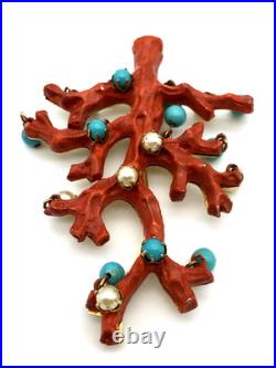 Vintage 50's Italy Christmas Tree Branch Coral Faux Turquoise Pearl Balls Brooch Vintage 50's Italy Christmas Tree Branch Coral Faux Turquoise Pearl Balls Brooch