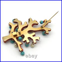 Vintage 50's Italy Christmas Tree Branch Coral Faux Turquoise Pearl Balls Brooch