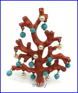 Vintage 50's Italy Christmas Tree Branch Coral Faux Turquoise Pearl Balls Brooch
