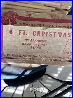 Vintage 6 ft mid century modern aluminim christmas tree wirh stand box instr