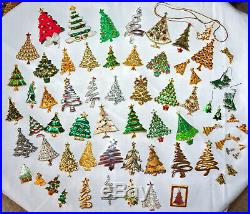 Vintage 60 Pc Lot, Rhinestone & Enamel Christmas Tree Brooch, Earrings, Necklace