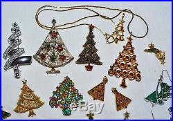 Vintage 60 Pc Lot, Rhinestone & Enamel Christmas Tree Brooch, Earrings, Necklace