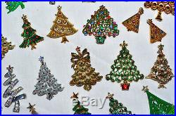 Vintage 60 Pc Lot, Rhinestone & Enamel Christmas Tree Brooch, Earrings, Necklace