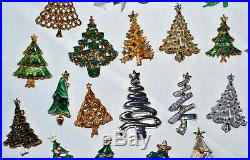 Vintage 60 Pc Lot, Rhinestone & Enamel Christmas Tree Brooch, Earrings, Necklace