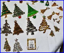 Vintage 60 Pc Lot, Rhinestone & Enamel Christmas Tree Brooch, Earrings, Necklace