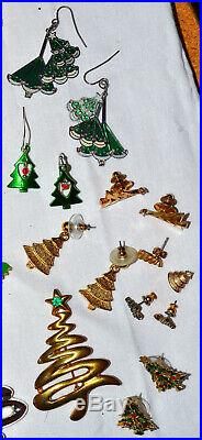 Vintage 60 Pc Lot, Rhinestone & Enamel Christmas Tree Brooch, Earrings, Necklace