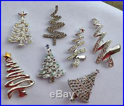 Vintage 60 Pc Lot, Rhinestone & Enamel Christmas Tree Brooch, Earrings, Necklace