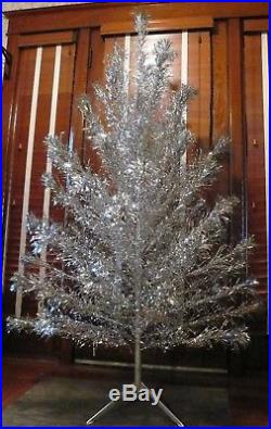Vintage 6ft Aluminum Silver Christmas Tree 61 Very Shiny Pom-pom Branches Nice