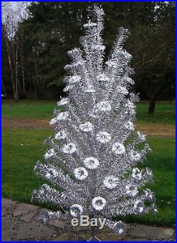 Vintage 7' Silver Aluminum Pom Pom Christmas Tree with stand & original box