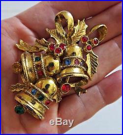 Vintage 70's BEATRIX Large Christmas Tree Bells Pin Brooch Gold Tone Rhinestones