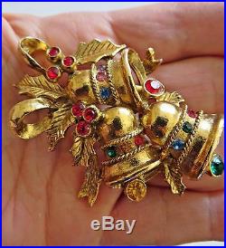 Vintage 70's BEATRIX Large Christmas Tree Bells Pin Brooch Gold Tone Rhinestones