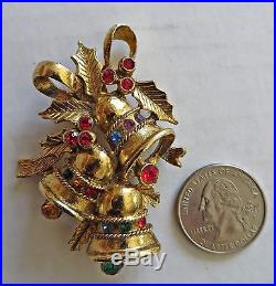 Vintage 70's BEATRIX Large Christmas Tree Bells Pin Brooch Gold Tone Rhinestones