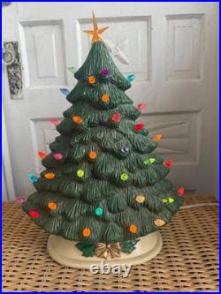 Vintage 70's Green Ceramic Light Up Christmas Tree Holly Base 16
