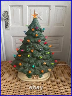 Vintage 70's Green Ceramic Light Up Christmas Tree Holly Base 16