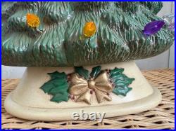 Vintage 70's Green Ceramic Light Up Christmas Tree Holly Base 16