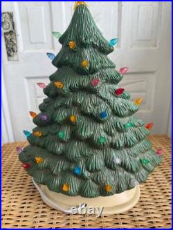 Vintage 70's Green Ceramic Light Up Christmas Tree Holly Base 16