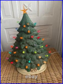 Vintage 70's Green Ceramic Light Up Christmas Tree Holly Base 16