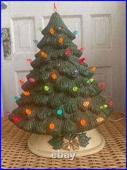 Vintage 70's Green Ceramic Light Up Christmas Tree Holly Base 16