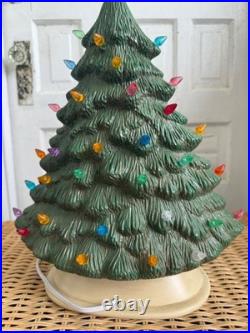 Vintage 70's Green Ceramic Light Up Christmas Tree Holly Base 16