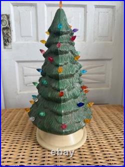 Vintage 70's Green Ceramic Light Up Christmas Tree Holly Base 16