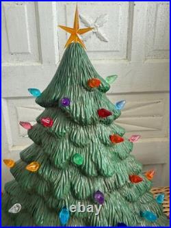 Vintage 70's Green Ceramic Light Up Christmas Tree Holly Base 16
