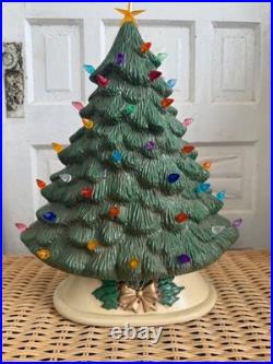 Vintage 70's Green Ceramic Light Up Christmas Tree Holly Base 16