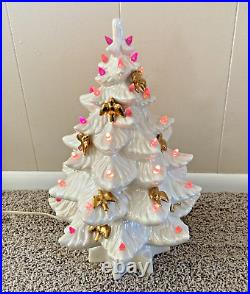 Vintage 70s Atlantic Mold Ceramic Christmas Tree White Gold Birds Pink Works