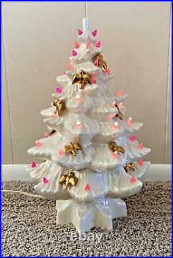 Vintage 70s Atlantic Mold Ceramic Christmas Tree White Gold Birds Pink Works