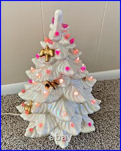 Vintage 70s Atlantic Mold Ceramic Christmas Tree White Gold Birds Pink Works