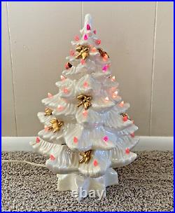 Vintage 70s Atlantic Mold Ceramic Christmas Tree White Gold Birds Pink Works