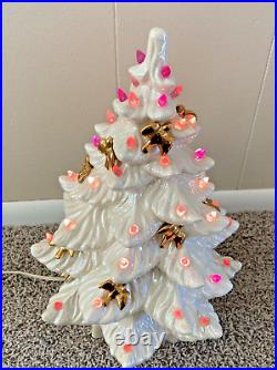 Vintage 70s Atlantic Mold Ceramic Christmas Tree White Gold Birds Pink Works