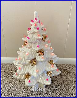 Vintage 70s Atlantic Mold Ceramic Christmas Tree White Gold Birds Pink Works