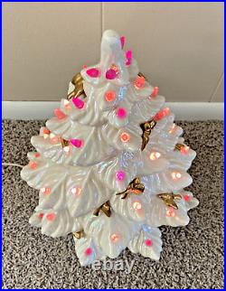 Vintage 70s Atlantic Mold Ceramic Christmas Tree White Gold Birds Pink Works