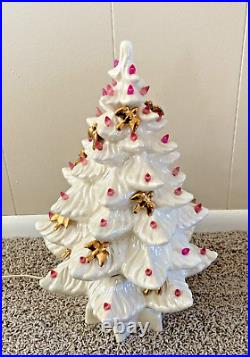 Vintage 70s Atlantic Mold Ceramic Christmas Tree White Gold Birds Pink Works