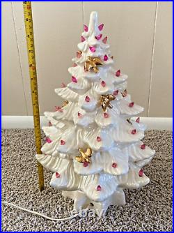 Vintage 70s Atlantic Mold Ceramic Christmas Tree White Gold Birds Pink Works