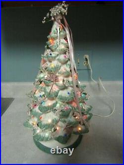 Vintage 70s Ceramic Mold White Christmas Tree- Base- Mini Bulbs 10.0 D x 18.0 H