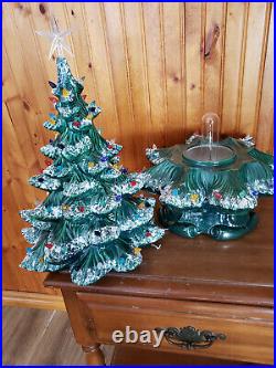 Vintage 70s Green Ceramic Christmas Tree Snow 19in Tall 3 Sections Lights
