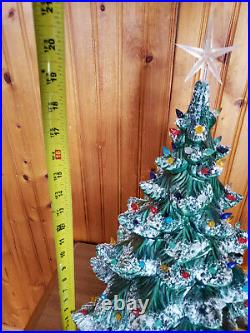 Vintage 70s Green Ceramic Christmas Tree Snow 19in Tall 3 Sections Lights