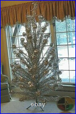 Vintage 7ft. Silver Aluminum Pom-Pom Christmas Tree 100+ Branches & Colorwheel