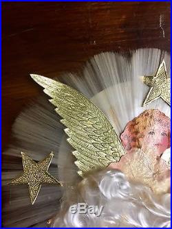 Vintage ANGEL Spun Glass Christmas Tree Topper, Gold Foil Stars, Original Box