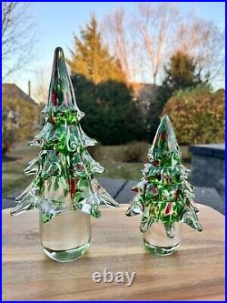 Vintage ART GLASS Handbown CHRISTMAS TREE 11.5 And 8 Heavy set Of 2