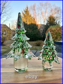 Vintage ART GLASS Handbown CHRISTMAS TREE 11.5 And 8 Heavy set Of 2