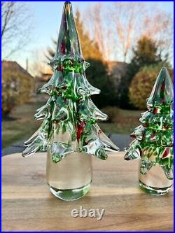 Vintage ART GLASS Handbown CHRISTMAS TREE 11.5 And 8 Heavy set Of 2